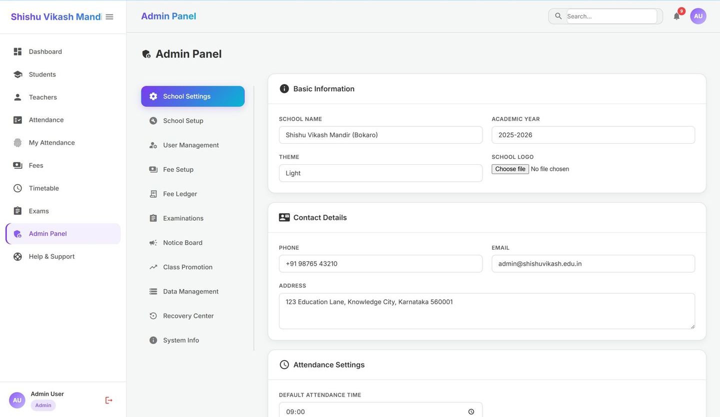Admin panel with school settings