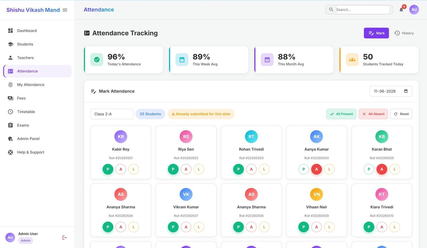 Attendance tracking screen with P / A / L marking for each student