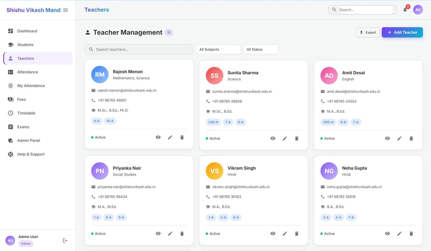 Teacher management screen with staff cards